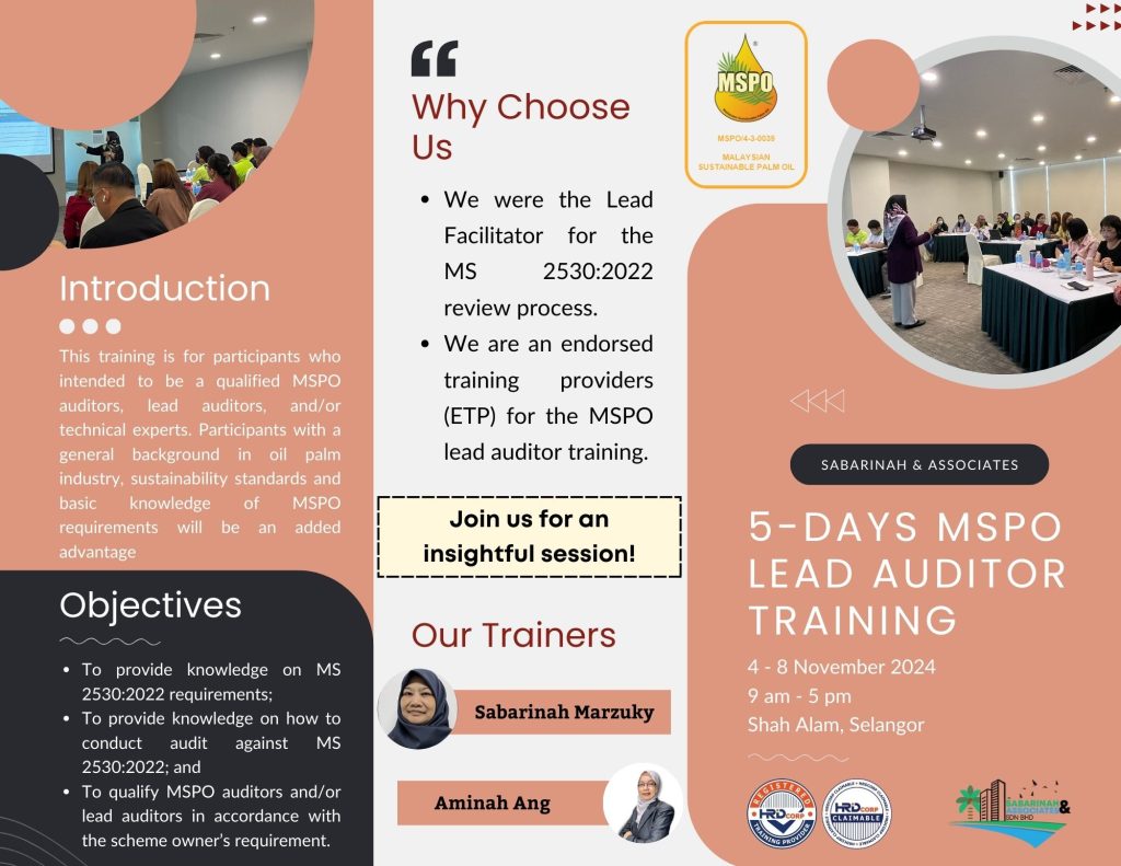 HRDC PUBLIC TRAINING: 5-Day "The Malaysian Sustainable Palm Oil (MSPO) MS 2530:2022 Lead Auditor Training Program"