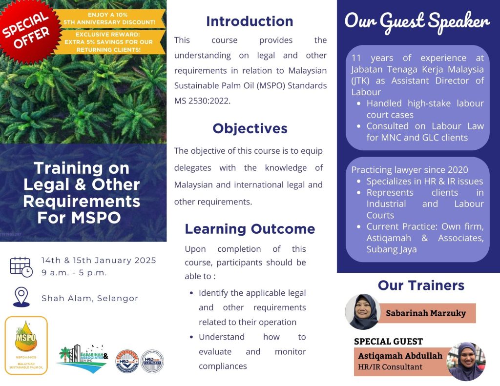 HRDC PUBLIC TRAINING: 2-Day "Legal & Other Requirements for the Malaysian Sustainable Palm Oil (MSPO) Training"