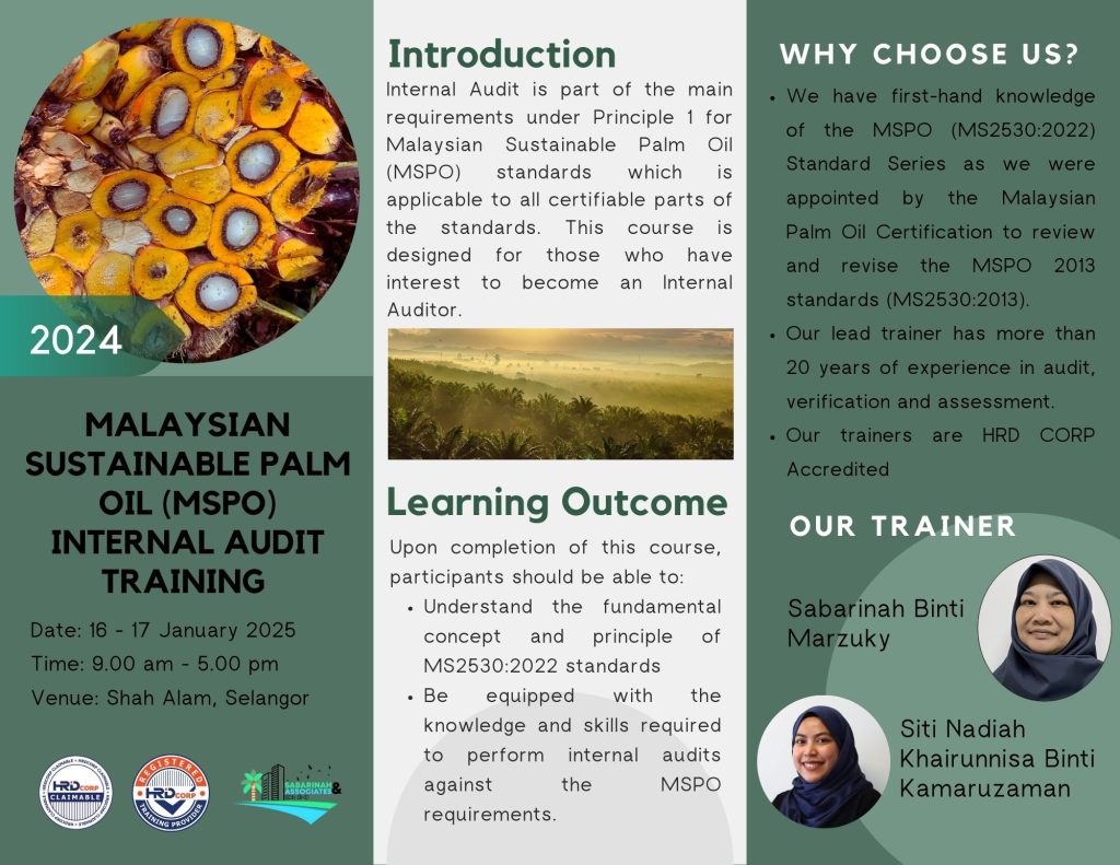 HRDC PUBLIC TRAINING: 2-Day "Malaysian Sustainable Palm Oil (MSPO) Internal Audit Training Course"