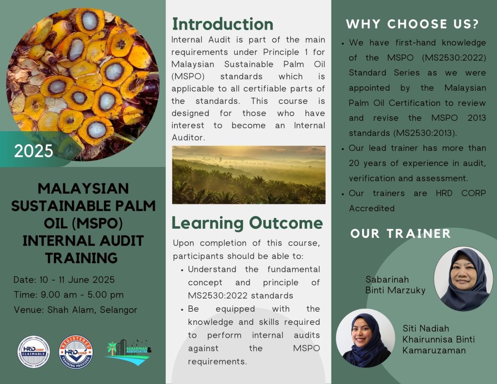 HRDC PUBLIC TRAINING: 2-Day Malaysian Sustainable Palm Oil (MSPO) Internal Audit Training Course