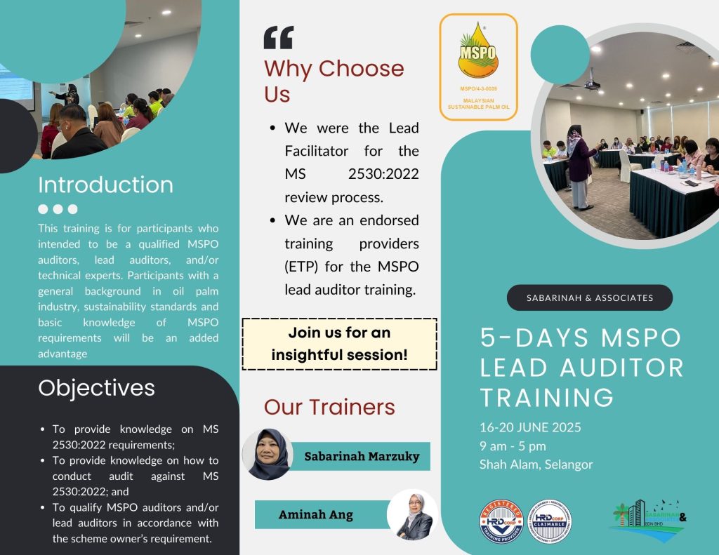 HRDC PUBLIC TRAINING: 5-Day The Malaysian Sustainable Palm Oil (MSPO) MS 2530:2022 Lead Auditor Training Program