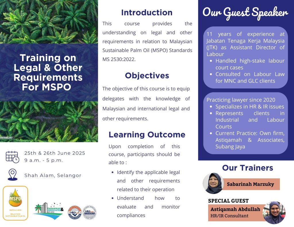 HRDC PUBLIC TRAINING: Legal and Other Requirements For the Malaysian Sustainable Palm Oil (MSPO) Training